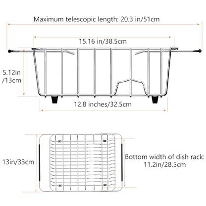 NiuYichee Stainless Steel Dish Drying Rack(15"L X 12.6"W X 4.7"H), Expandable Fruit & Vegetable Drain Rack over Sink, Dish Drainer Rack in Sink, with Stainless Steel Utensil Holder & Silicone Mat(16") - size: X-Large【15" X 12.6"】