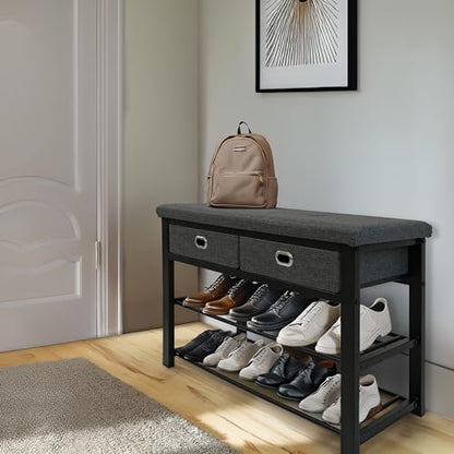 Finnhomy Entryway Shoe Rack with Cushioned Seat, Shoe Bench for Entry, 3-Tier Shoe Storage Organizer with 2 Drawers, Gray - style: Art Deco