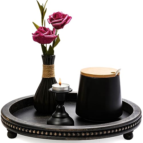 KULEDM Wooden Tray Decor, Small Beaded Coffee Table Tray Decor, Black Round Decorative Tray for Coffee Table, Dining Room Table Entryway and Living Room Table - color: Black