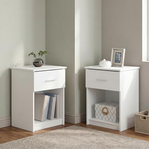 Set of 2 Modern Nightstand with Drawer, Bedside Table with Storage Shelf, Bar Handle Drawer End Table, Side Table, Night Stand, for Living Room, Bedroom, Solid White - color: Solid White, size: Set of 2, Bar Handle