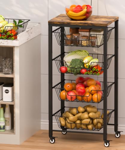 Fruit Vegetable Storage Cart for Kitchen, 5-Tier Vegetable Stand Rack with Pull-Out Fruit Baskets, Rolling Snack Cart with Wood Top & Banana Holder for Pantry, Living Room, Bathroom, Black - style: Black