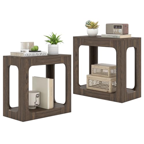 GOFLAME Narrow End Table Set of 2, Farmhouse Wood Sofa Side Table 2-Tier with Storage Shelf, Arched Rustic Small Accent Tables, Rectangular Compact Night Stand for Living Room, Bedroom, Brown - color: Brown