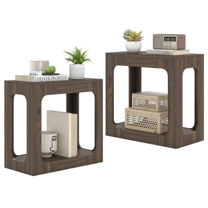 GOFLAME Narrow End Table Set of 2, Farmhouse Wood Sofa Side Table 2-Tier with Storage Shelf, Arched Rustic Small Accent Tables, Rectangular Compact Night Stand for Living Room, Bedroom, Brown - color: Brown
