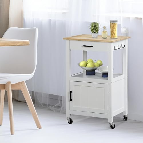 Nova Microdermabrasion Kitchen Island Cart on Wheels, Rolling Kitchen Cart with Single Door Cabinet, Mobile Small Coffee Cart Microwave Oven Cart Serving Cart for Dining Room, White