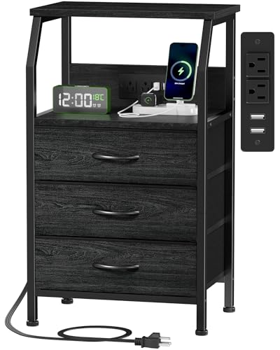 Furnulem Night Stand with Charging Station, 28.3 Inch Tall Side Table with Fabric Drawers and Storage Shelf, Bedside Table with USB Ports & Outlets, Nightstand for Bedroom, 3 Ways to Use, Black Oak - color: Black Oak, size: 3 Drawer