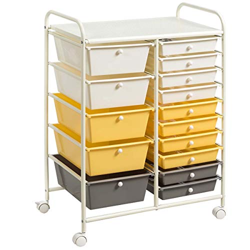Giantex 15-Drawer Organizer Cart Office School Storage Cart Rolling Drawer Cart for Tools, Scrapbook, Paper (Yellow) - color: Beige+Yellow+Grey, size: 15 Drawer-25"x14.5"x34.5"