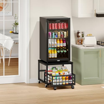 HOOBRO End Table, Mini Fridge Stand with Storage, Mini Fridge Table with Wheels and Adjustable Feet, Sturdy Metal Frame, for Living Room, Bedroom, Office, Black BB155TL01 - color: Black