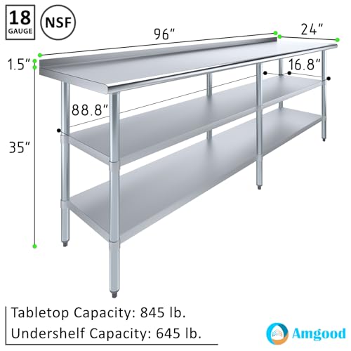 AmGood Stainless Steel Work Table with 1.5" Backsplash and 2 Shelves | Metal Kitchen Food Prep Table | NSF (96" Long x 24" Deep) - size: 96" Long x 24" Deep