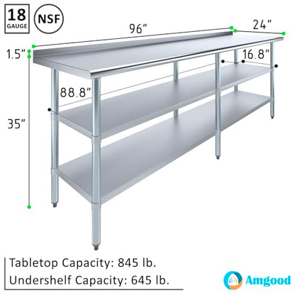 AmGood Stainless Steel Work Table with 1.5" Backsplash and 2 Shelves | Metal Kitchen Food Prep Table | NSF (96" Long x 24" Deep) - size: 96" Long x 24" Deep