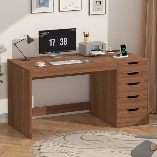 YOMILUVE 47 Inch Computer Desk with 5 Drawers and Power Outlets, Home Office Desks with Storage File Cabinet, Modern Simple Laptop Desk Writing Table for Small Spaces, Brown - color: Brown