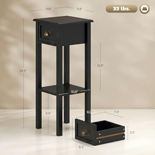 HOMCOM Narrow End Table with Drawer Slim Side Table for Small Spaces Black | Tall Telephone Table, Skinny Modern Design, for Small Spaces, Living Room - color: Black