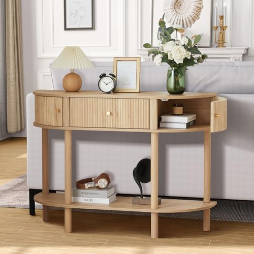 XUZENEST 43.3“ Fluted Half Moon Console Table, Modern Entryway Console Sofa Table with Storage, Narrow Wood Accent Tables Behind Couch Tables for Living Room, Hallway, Foyer(Natural) - color: 43.3 Half Moon Natural