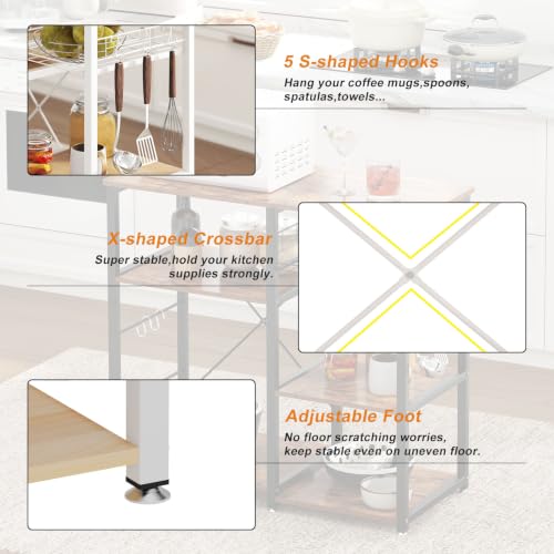 soges 3-Tier Kitchen Baker's Rack, Compact Microwave Stand, White Oak | Space-saving for Apartments, Kitchen, Pantry, Living Room, Sliding Storage Basket, 5 Hooks, Sturdy X-Frame, Easy Assembly - color: White Oak