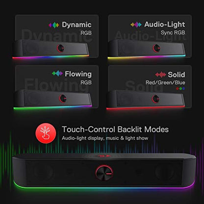 Redragon GS560 RGB Desktop Soundbar, 2.0 Channel Computer Speaker with Dynamic Lighting Bar Audio-Light Sync/Display, Touch-Control Backlit with Volume Knob, USB Powered w/ 3.5mm Cable, Black - color: Black