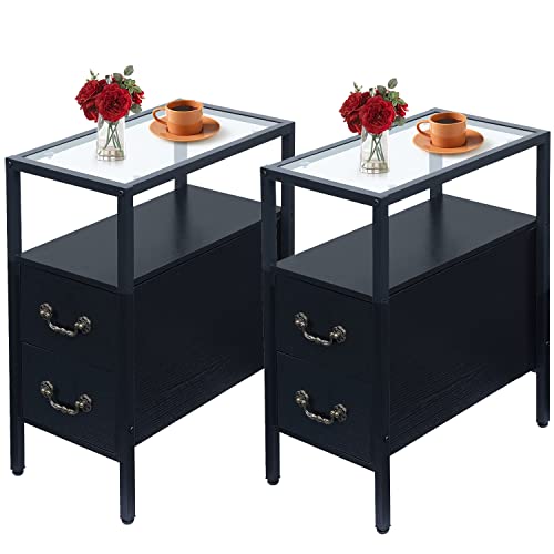 VECELO End Tables, 24" Height Narrow Nightstands, Modern Tall Night Stand with Drawers and Shelf for Living Room, Bedroom,Tempered Glass - color: Classic Black, size: Set of 2