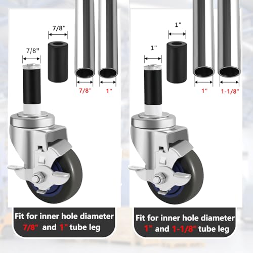 Besitu 3 Inches Prep Table Wheels Set of 4, Expanding Stem Caster Fit 7/8" and 1" ID Tube Leg with Side Brake for Stainless Steel Table, Cart, Furniture Legs, Commercial Kitchen Appliances, Workbench - style: 3 Inch
