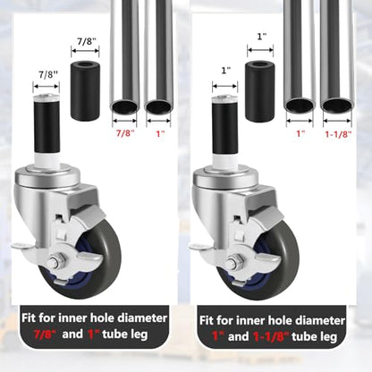 Besitu 3 Inches Prep Table Wheels Set of 4, Expanding Stem Caster Fit 7/8" and 1" ID Tube Leg with Side Brake for Stainless Steel Table, Cart, Furniture Legs, Commercial Kitchen Appliances, Workbench - style: 3 Inch