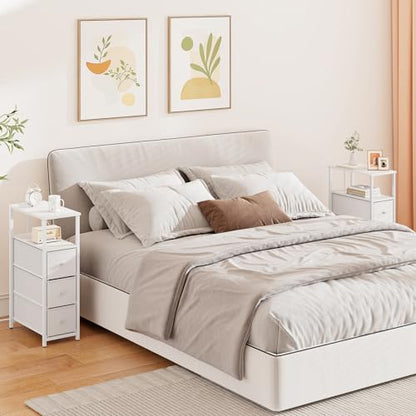 TUTOTAK Narrow Night Stand with Charging Station, Slim End Table | Tall Side Table with 3 Fabric Drawer, Small Bedside Table with Storage, Living Room, Bedroom, White TB01BW086 - color: White, size: 1 Pack (3 Drawers), style: With Plug