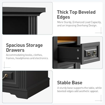 RALGEND Farmhouse Nightstand with Charging Station, Night Stand with 2 Drawers, End Tables Living Room, LED Bed Side Table with Open Shelf, End Table for Bedroom, Living Room, Black - color: Black