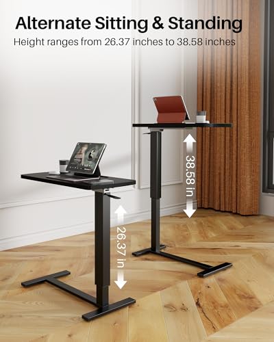 Foldable Overbed Table with Wheels, Pneumatic Adjustable Desk | 31.5 X 17.7 In Desktop with Cup Holders and Tablet Slot, Hidden Casters, 88 Lbs Capacity, Installs on Either Side of Bed - color: Black