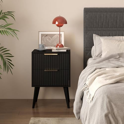 YAUKOMEL Black Nightstand,Mid Century Modern Bedside Table, Fluted Nightstand with 2 Drawers,Side Table with Wood Legs, End Table for Bedroom,Apartment,Dormitory,Small Space Black CTG55BK - color: Black, style: Fluted Style