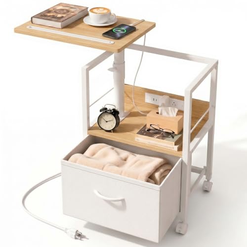 Faesun Swivel Lift Top Nightstand with Charging Station, Rolling Side Table for Recliner, Bedside Table with Wheels & a Fabric Drawer, for Small Spaces, for Bedroom, Living Room, Oak White - color: 06 - Oak White, size: 1 Drawer