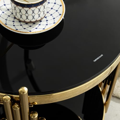 Magipa17.72 Round Sofa Side Table, End Table with 2-Tier Black Tempered Glass and Gold Stainless Steel Frame for Living Room, Office & Café - color: End Table Set of 1