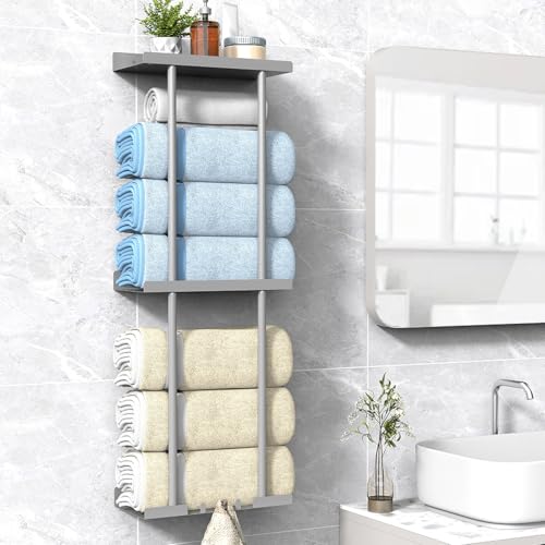Liuoud Towel Rack for Bathroom, Wall Mounted Bath Towel Holder Storage Organizer for Rolled Towels, Vertical Towel Rack with Shelf Can Holds Up 6 Large Bath Towel (Grey, Larger Size) - color: Grey, size: Larger Size