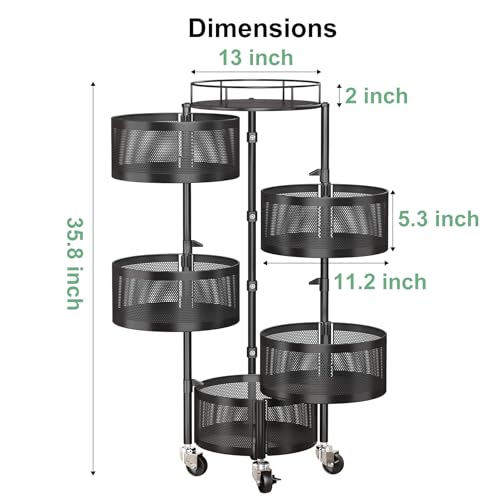 SAYZH Fruit Vegetable Basket for Kitchen, Rotating Storage Rack, 5 Tier Rolling Cart with top lid, Large Metal Wire Wheels, Black - color: Black