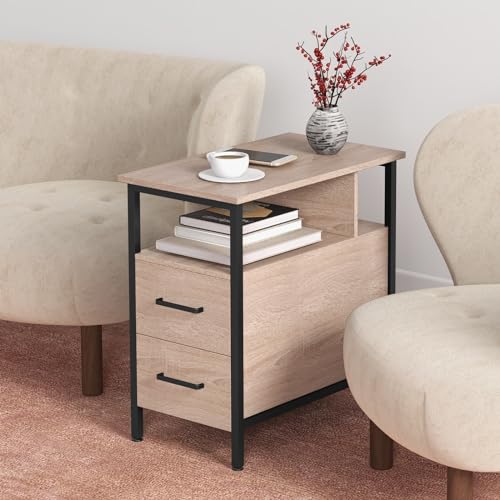 Livofloral Side Tables with Charging Station, Narrow End Table with 2 Wooden Drawers, USB Ports and Power Outlets, Narrow Nightstand and Bedside Table, Side Tables Living Room, Bedroom, Greige - color: Greige