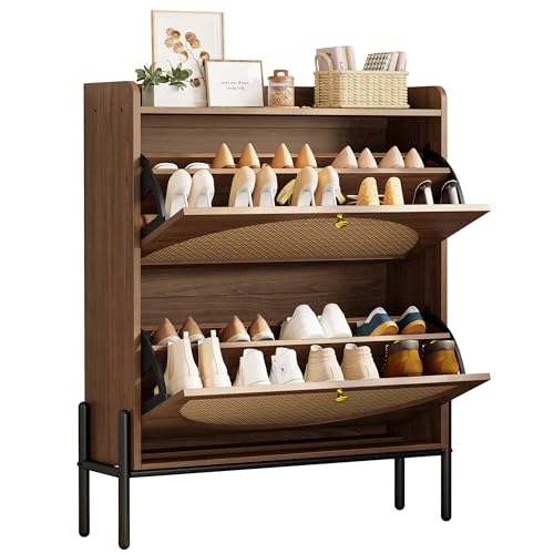 IRONCK Shoe Cabinet Storage with 2 Flip Drawers, Free Standing Wooden Shoe Storage Organizer Cabinet with Rattan Doors for Entryway, Narrow Shoe Rack Cabinet, Walnut - color: Walnut