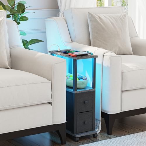 TUTOTAK Small Narrow End Tables, LED Side Tables with 2 Fabric Drawers, Set of 2, Bedside Tables with Charging Station for Small Spaces, Slim Nightstands with USB Ports and Wheels, TB01BY053L - color: Charcoal Grey, style: with LED Light & Outlets