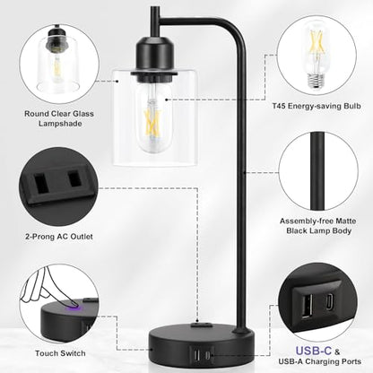 Industrial Touch Lamps for Nightstand Set of 2, 3-Way Dimmable Bedside Lamp | Glass Shade, USB C+A Charging Port & Outlet, Black Desk Lamps for Bedroom, Living Room, Home Office, Reading - color: A-Clear