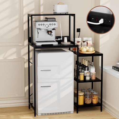 Mini Fridge and Microwave Stand Cabinet Shelf Organizer for Dorm, 5 Tiers Adjustable Over Mini Fridge Storage Bakers Rack with Power Outlet for Kitchens, Coffee Bar for Office,Black - color: Black