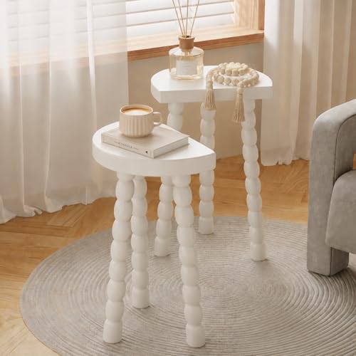 LitaEther Bobbin Side Table, Solid Wood Half Moon End Table, Small Wooden Accent Table with Chunky Turned Legs, Plant Stand for Living Room Bedroom Entryway, Modern Farmhouse Bedside Table, White - color: White