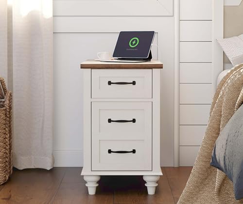 WAMPAT White End Table with Charging Station, Wood Side Table with 1 Drawer &1 Storage Cabinet, Mid Century Modern Nightstand with Power Outlets & USB Ports for Living Room, Bedroom - color: Off White
