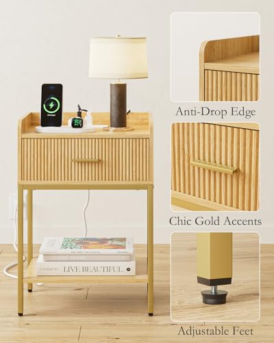 Nightstand with Charging Station, 3-Tier Bed Side Table, Small End Table, Night Standwith Open Shelf and Drawer, Bedside Table for Bedroom, Living Room, Oak - color: Oak, style: With Charging Station