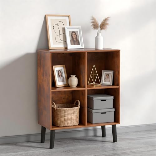 4 Wooden Cube Storage Organizer with Legs,Two Tier Cube Bookcase Freestanding Storage Organizer Open Shelf Short Bookshelf for Bedroom, Living Room, Home Office (4 Cube,Retro Brown) - color: Retro Brown, size: 4 Cube