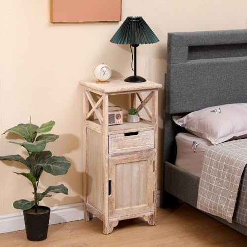 Fully Assembled 30in Height Nightstand, Pre- Assembled Bathroom Floor Cabinet with Shelf and Storage Drawer, Tall End Table No Assembly Chest for Living Room Bedroom-Distressed White - color: Distressed White