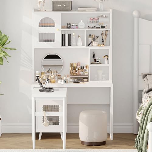 Bellemave Computer Desk with 90 Degree Rotating Desktop, 43x70 Inch Home Office Desk with Drawer and Storage Cabinets, Gaming Desk with Shelves, Writing Desk for Study (White) - color: White