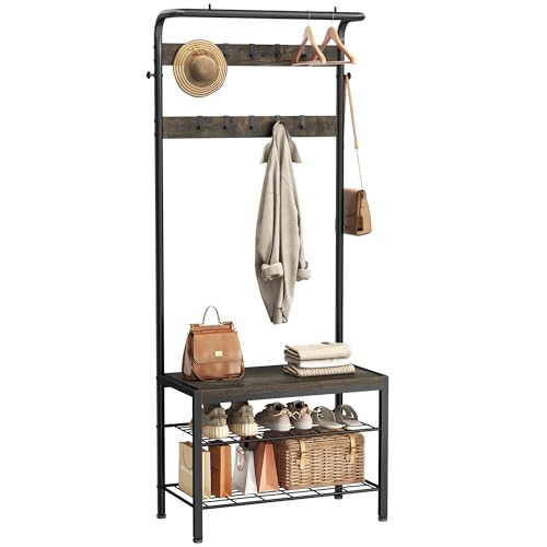 NEWBULIG Coat Rack, Hall Tree with Shoe Bench, 4-in-1 Entryway Organizer with 10 Hooks and Storage Shelf, Rustic Wood Entryway Bench for Mudroom, Living Room, Bedroom, Grey - color: Deep Grey