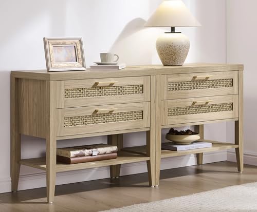 SICOTAS Night Stand Set 2 - Large Nightstands Sets of 2 with Drawers and Shelf, Rustic Bedside Table for Bedroom, Mid Century Modern Nightstand, 25.7" Tall Side End Table (Light Walnut, 2 Pieces) - color: Light Walnut, size: 2 Pieces
