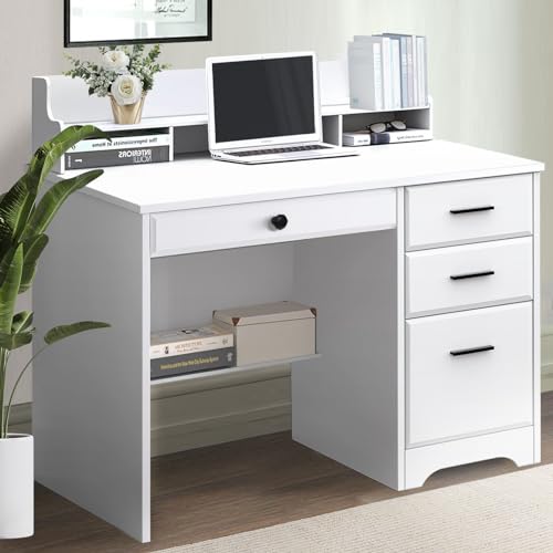 Computer Desk with 4 Drawers and Hutch, Home Office White Writing Desk with File Drawer and Shelves for Small Spaces, Small Desk Study Table for Bedroom - color: Light White