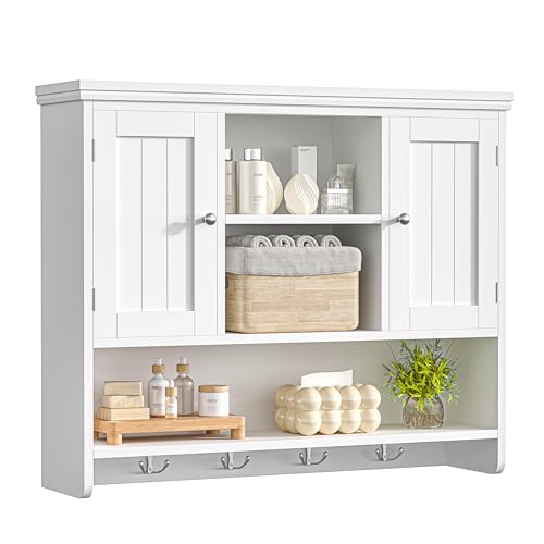 Bathroom Wall Cabinet with Doors and Hooks, 3-Tier Wall Mounted Cabinet | Modern Medicine Cabinet with 3 Open Shelves, Over the Toilet Storage Cabinet for Kitchen, Laundry Room, Living Room, White - color: White
