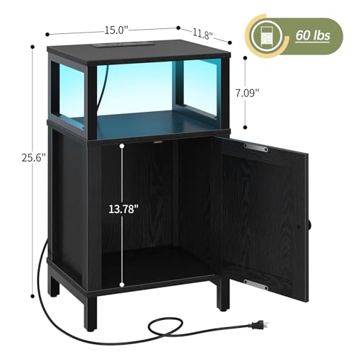 Yoobure Farmhouse NightStand with Charging Station，Wood Night Stand End with USB Ports, LED Bed Side Table with Storage Cabinet，Bedside Table for Bedroom, Living Room Black - color: Black