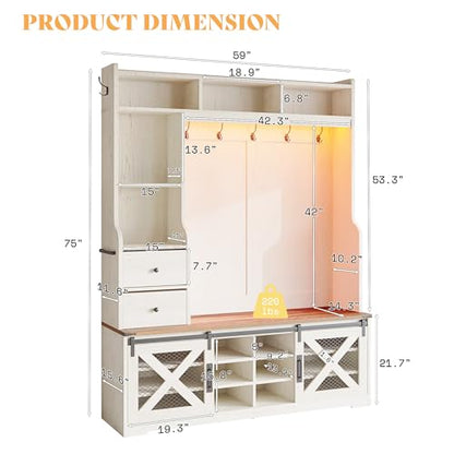 AMERLIFE 75" 7-in-1 Farmhouse Hall Tree with Bench and shoe storage, LED Entryway Bench with Coat Rack, 12 Shoe Cubbies, 2 Drawers, Barn Doors & Adjustable Shelf, Mudroom Hallway Cabinet, Rustic White - color: Rustic White