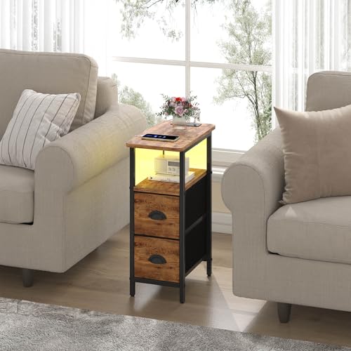sthmec Narrow End Table with Charging Station, Narrow Side Table with 2 Fabric Drawers, LED End Table, Slim Nightstand with LED Light, Small Side Table for Small Space,Living Room,Bedroom,Rustic Brown - color: Rustic Brown, size: 7.87'' W x 15.75'' D x 24