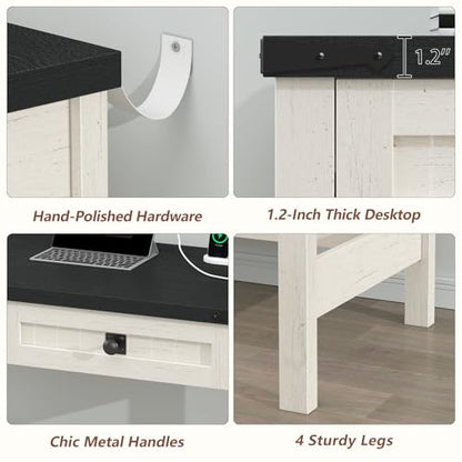 YOMILUVE Farmhouse Computer Desk with 2 Drawers, 39 Inch Small Office Computer Desk with Power Outlets, Compact Writing Study Vanity Desk for Small Spaces, Black and White - color: Black and White
