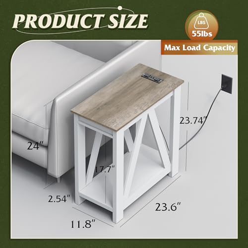 WLIVE Farmhouse End Tables Living Room, Narrow Side Table with Charging Station, Slim End Table, Side Table for Bedroom, Small Spaces, 2 USB and 2 Power Outlets, 11.8" D x 23.6" W x 23.74" H - color: Greige