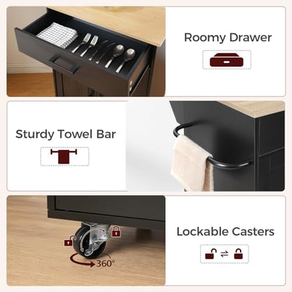 MAHANCRIS Kitchen Island on Wheels with Drop Leaf, Folding Countertop Kitchen Island Cart, Kitchen Islands Table with Towel Rack, Drawer, for Kitchen, Dining Room, Black and Natural KINB12501 - color: Black and Natural